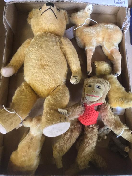 Schuco plush fox with moveable head, two Steiff deer, Norah Wellings monkey, 2 miniature monkeys & a teddy bear